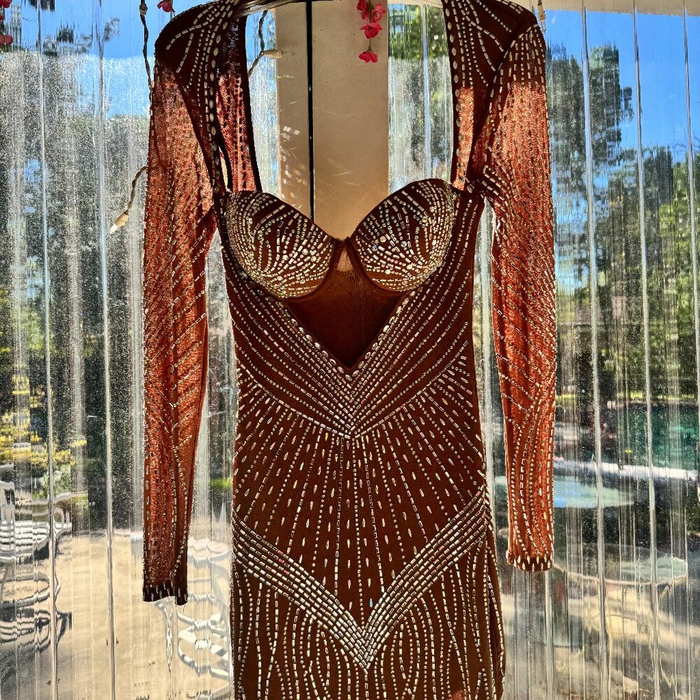 Dazzling Rhinestone Bodycon Mini Dress, Dark Tan